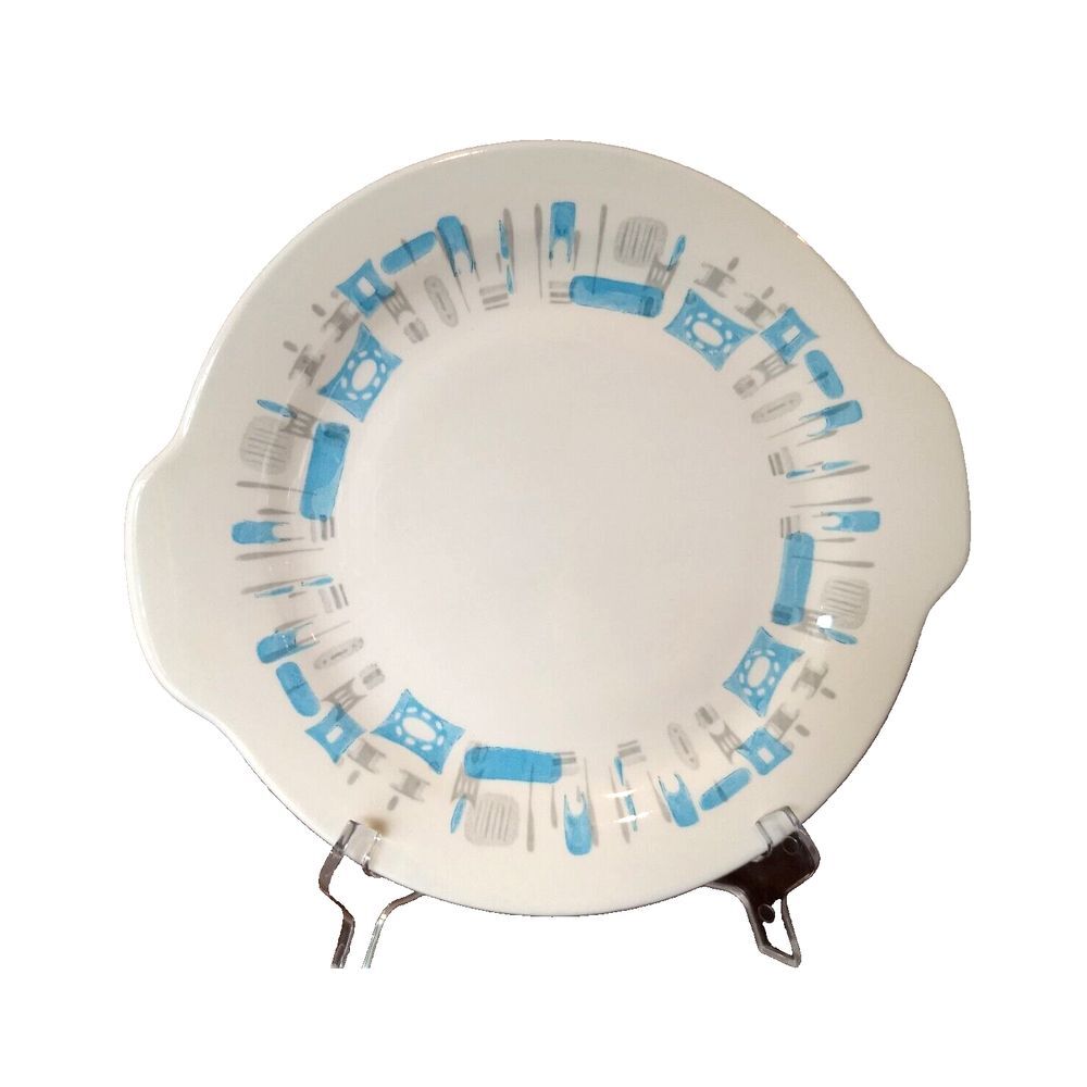 VTG Atomic MCM BLUE HEAVEN Royal China 11.5" Round Cake Plate w/ Handles Platter